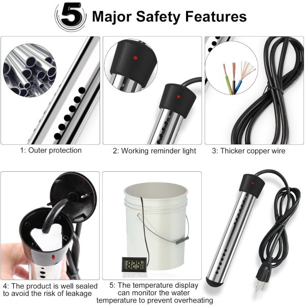 Senduzll 2000W Immersion Water Heater Portable Bucket Heater Stainless-4